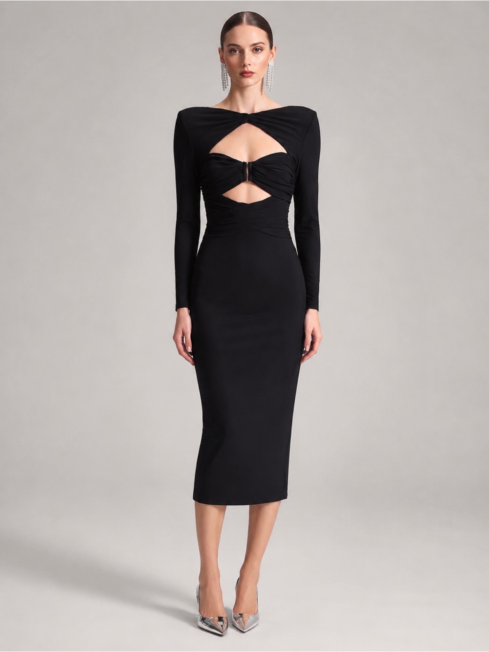 350$ Self-Portrait Black Cutout Midi Dress Long Sleeve Ruched Bodycon US 4 UK 8